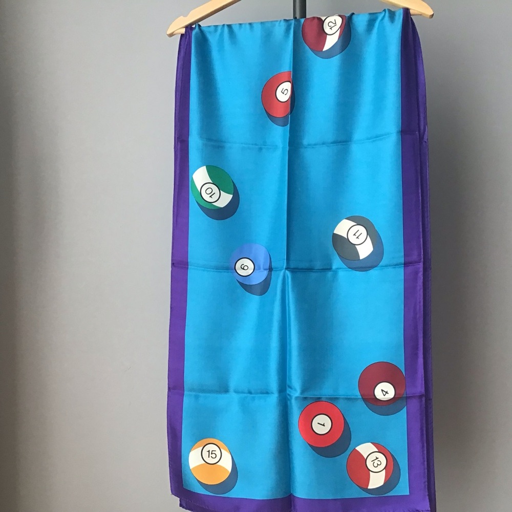 Vintage Perry Ellis Rectangular Blue Silk Scarf Billiard Balls - Picture 3 of 6